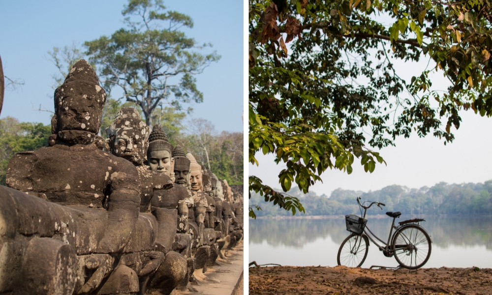 A row of welcoming statues at Bayon Temple | A misty morning by the lake, a bike with a basket parked up in front.

See Cambodia by bike