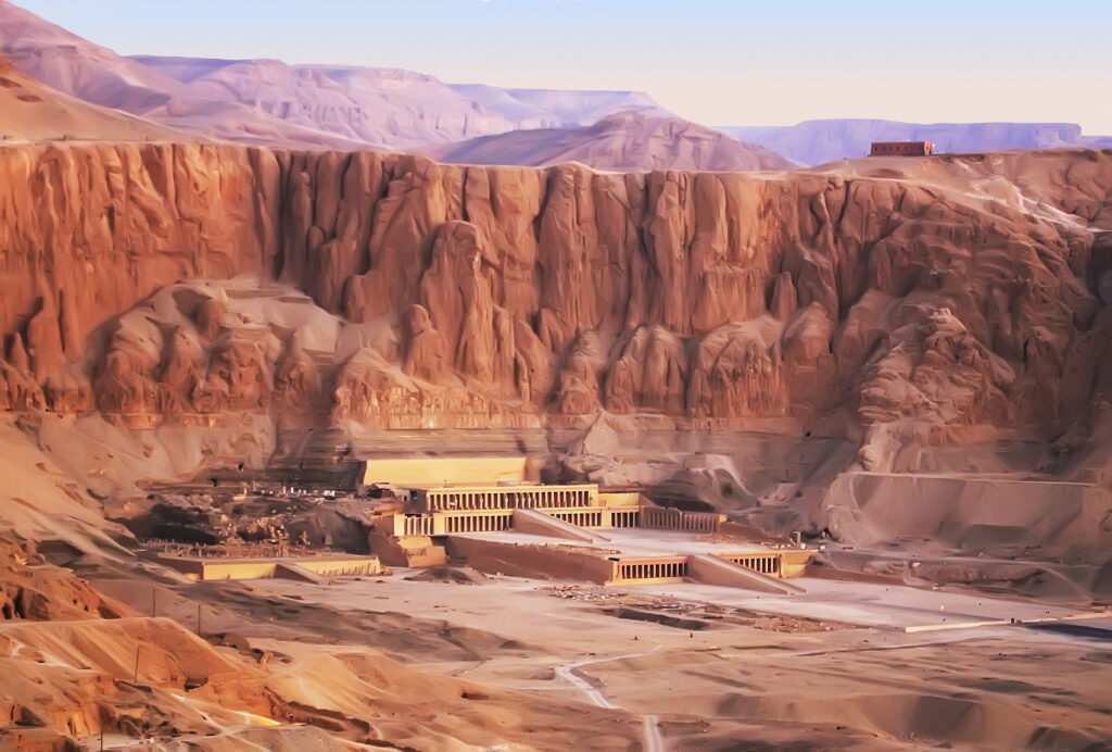 Aerial view at sunrise of Hatshepsut Mortuary Temple