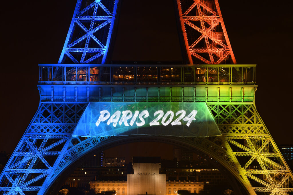 The Eiffel Tower with 'Paris 2024' projected on it