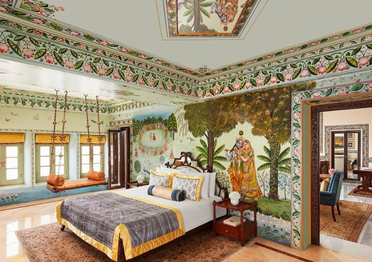 An ornately decorated room at Taj Lake Palace