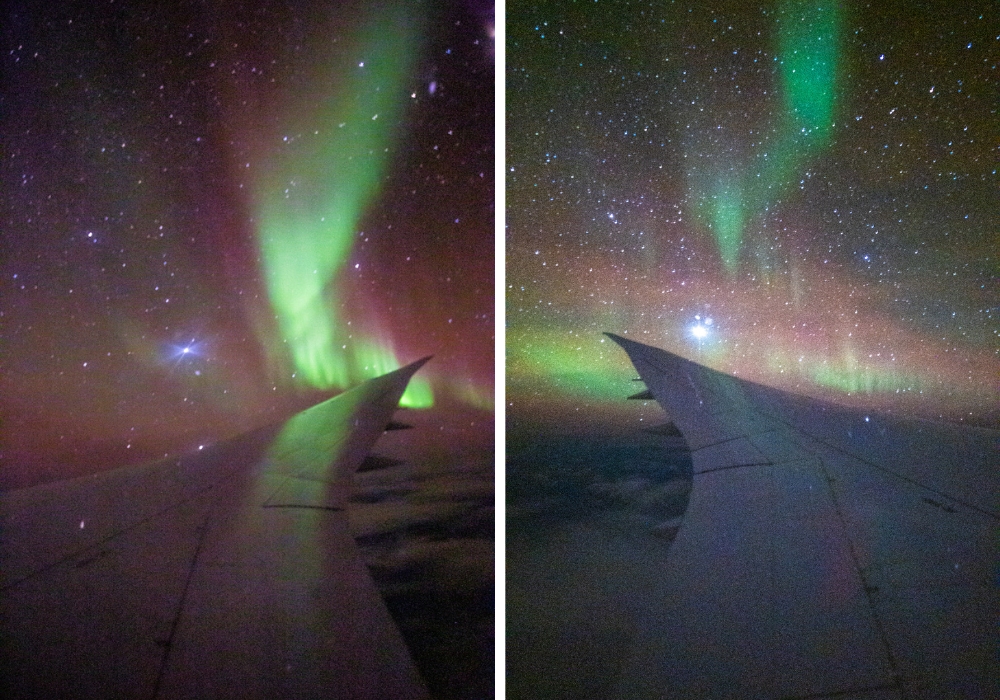 Aurora Australis making an appearance over the aeroplane wing

Best night sky experiences
