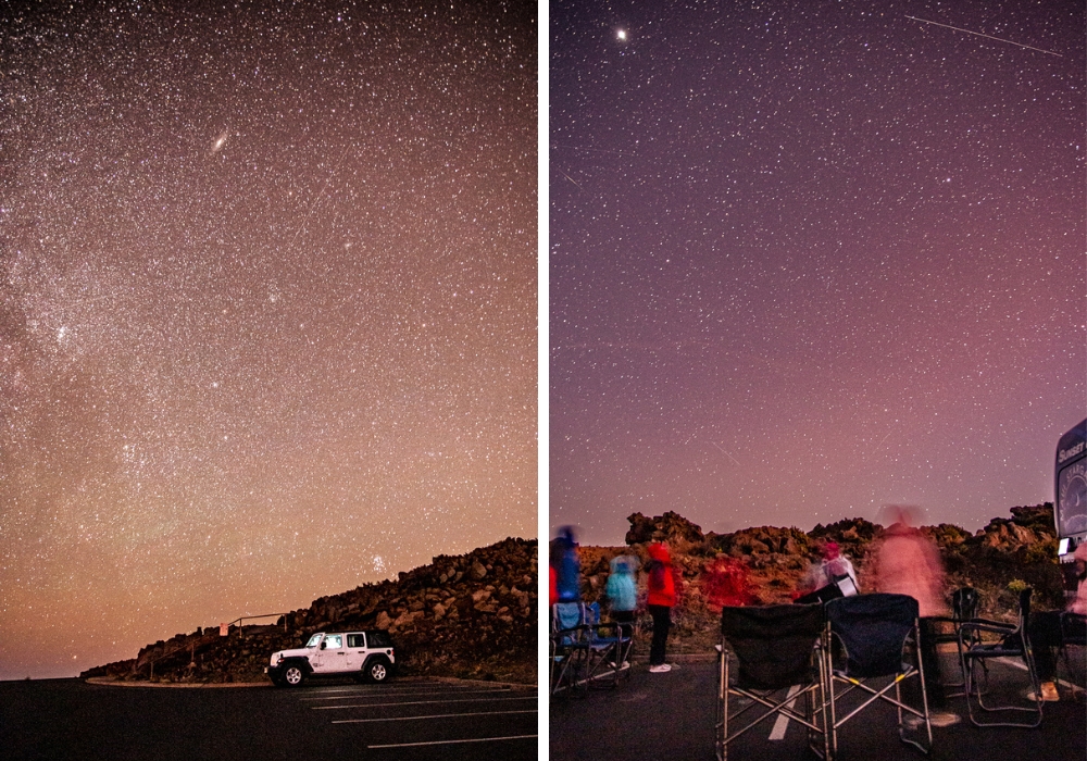 A jeep sits in an otherwise empty parking lot, a billion stars lighting up the sky above it.

People moving by in a blur, taking their turn peering at the stars above.

Best night sky experiences