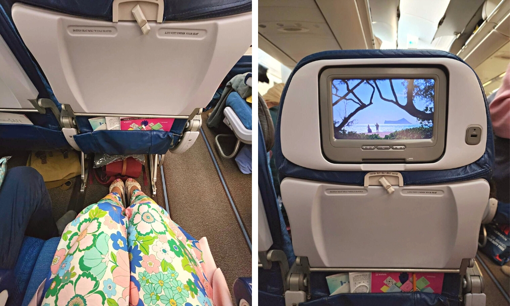 Photos of the legroom and back-of-seat screen of a Hawaiian Airlines Extra Comfort seat