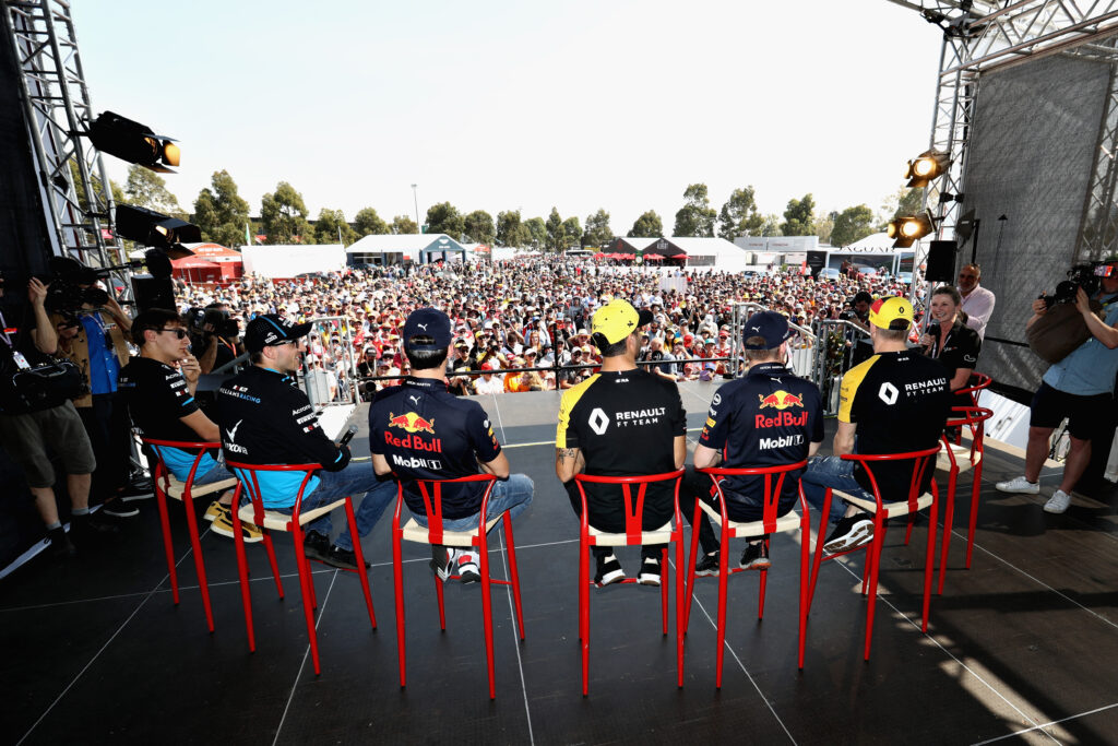 Williams, Renault, and Red Bull F1 drivers on the fan stage at Melbourne Grand Prix Circuit